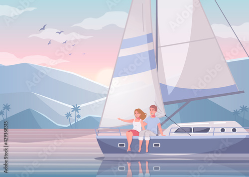 Couple Yachting Cartoon Composition