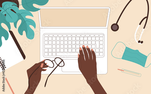 Female hands of an African American doctor or nurse at the table. Top view on laptop, stethoscope, medical mask. Flat vector illustration