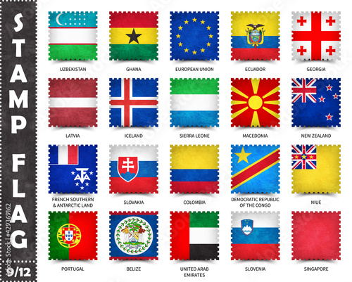 Stamp with official country flag pattern and old grunge texture and countries name . Square shape . Vector . Set 9 of 12 on this series ( All national flags of the world ) .