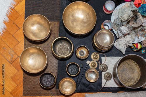 Items for Tibetan sound massage. Tibetan handcrafted singing bowls. 