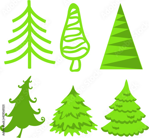 Set of collection of green natural forest Christmas trees of different shapes pine, Christmas tree, needles of greenery branches, needles. Decorative winter seasonal editable, isolated art set. Vector