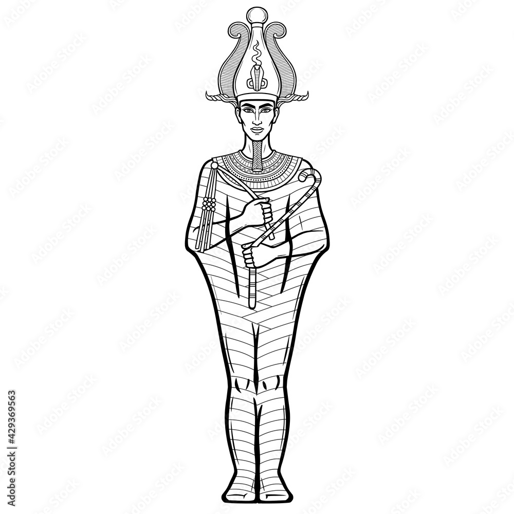 Fototapeta premium Animation portrait Egyptian man n the crown holds symbols of power in his hands. God Osiris. Full growth. Vector illustration isolated on a white background. Print, poster, t-shirt, tattoo.