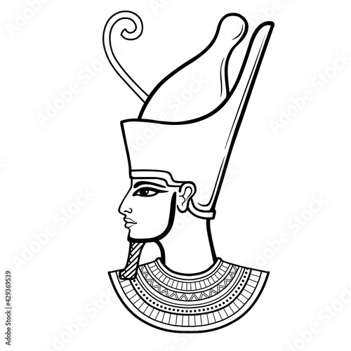 Animation portrait Egyptian man in the crown and necklace. Profile view. Vector illustration isolated on a white background. Print, poster, t-shirt, tattoo.