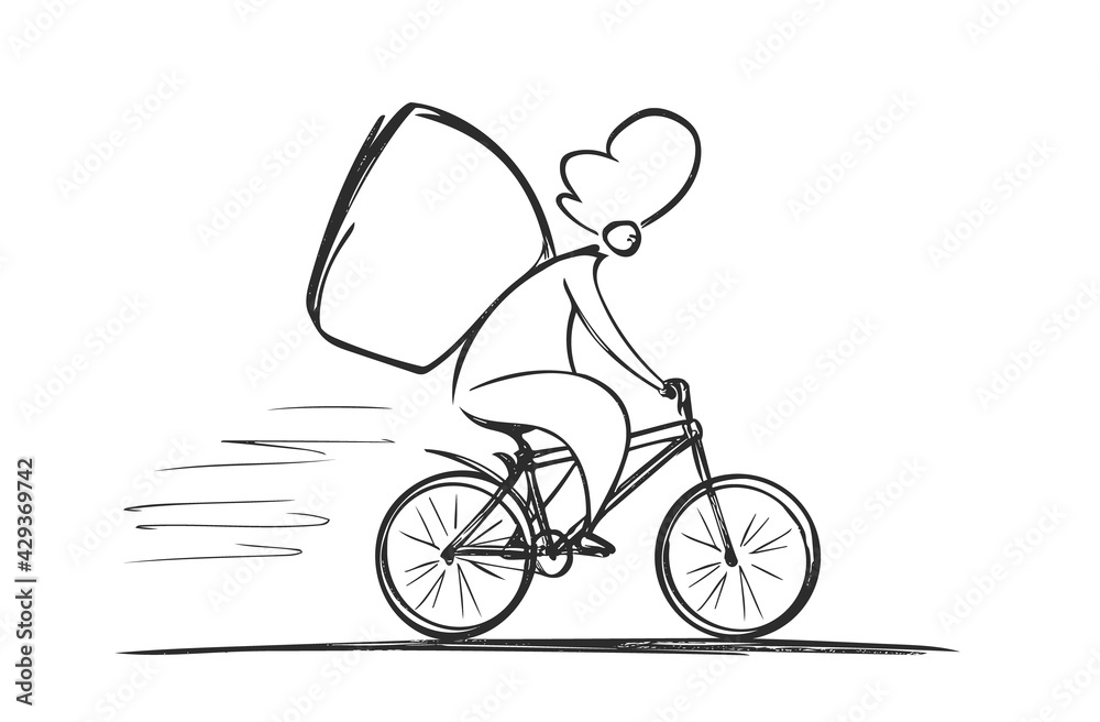 Vector hand drawn Courier on bicycle. Food delivery Vector hand drawn Courier on bicycle. Food delivery