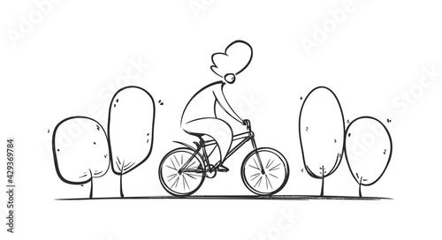 Vector Hand drawn yong man rides bike on park road. Sketch bicycle design.