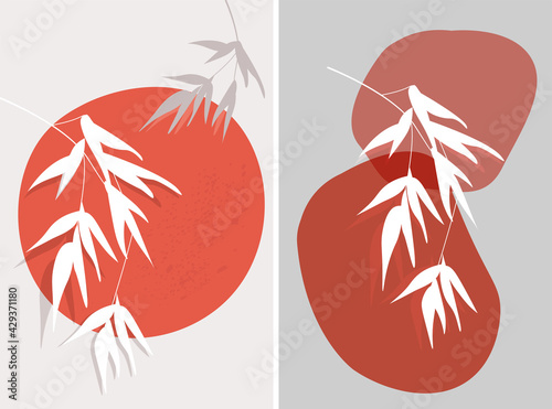  Set artistic minimalistic abstract nature landscape of bamboo leaves on a background of simple shapes, sun. Japanese style. Vector graphics.