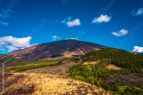 Landscape of Mount Etna during bright sunny day 