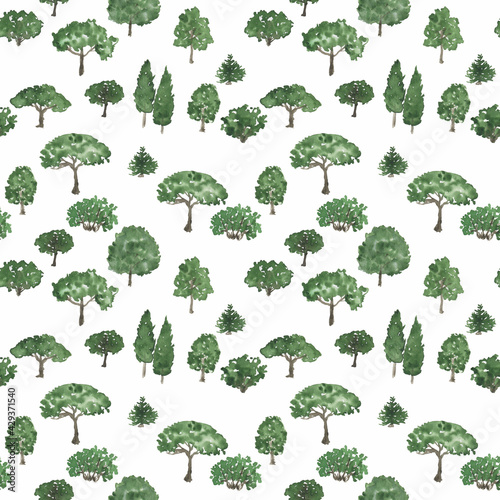 Watercolor painting seamless pattern with green trees on white background