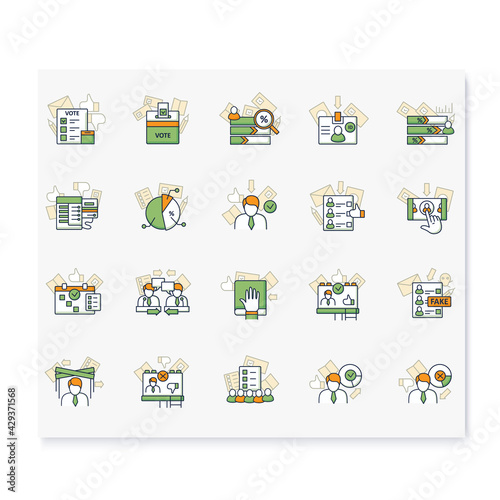 Election color icons set. Electoral college,elections, fake paper, ballot. Choice, vote concept. Democracy. Parliamentary or presidential elections. Isolated vector illustrations