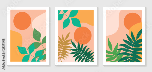 Mountain and Botanical wall art vector set. Earth tones landscapes wallpaper. Oasis Tropical backgrounds collection with mountain, sand, palm,Twigs leaf, moon or sun. Vector illustration.