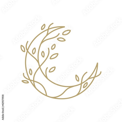 moon tree crescent root leaf outline gold logo vector icon illustration