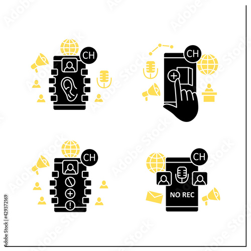 Drop in audio app glyph icons set. Communication application with friends. Listeners, creating room, unrecording conversation.Filled flat sign. Isolated silhouette vector illustration