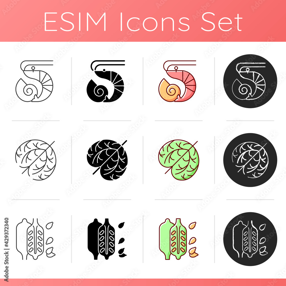 Reason for allergy icons set. Crustaceans and molluscs. Dry tumbleweed