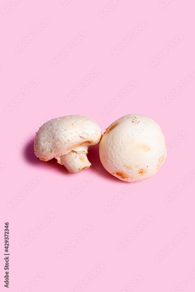 Fototapeta premium a couple of champignon mushroom seen from the front and the back on a pink background. Copy space.
