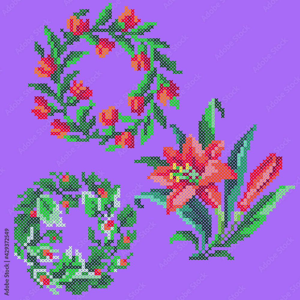 vector art cross stitch red flowers
