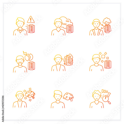 Information overload gradient icons set.Consists of data smog,info pollution, cognitive dissonance, partial attention etc.Isolated vector illustration.Suitable to banners, mobile apps and presentation