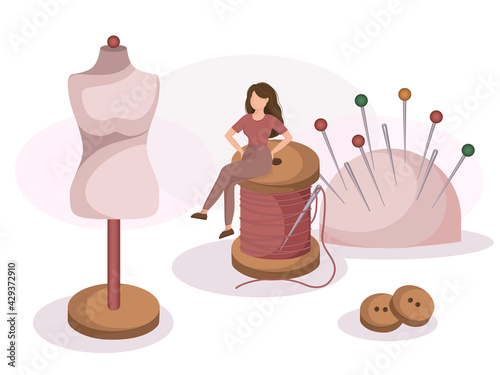 A girl in a flat style. Pillow with needles, thread, dummy. Seamstress, Sewing workshop, courses, tailoring, needlework, craft concept. Vector illustration for banner, advertisement, poster, cover.