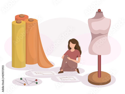 A girl in a flat style. Pillow with needles, thread, dummy. Seamstress, Sewing workshop, courses, tailoring, needlework, craft concept. Vector illustration for banner, advertisement, poster, cover.
