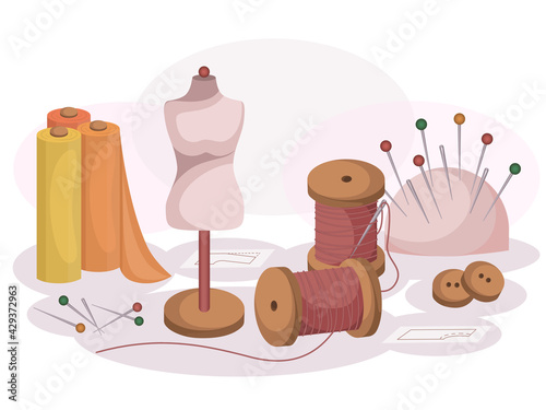 Flat style. Pillow with needles. Thread, dummy, buttons, fabric. Sewing kit. Sewing workshop, course, tailoring, needlework, craft concept. Vector illustration for banner, advertisement, poster, cover
