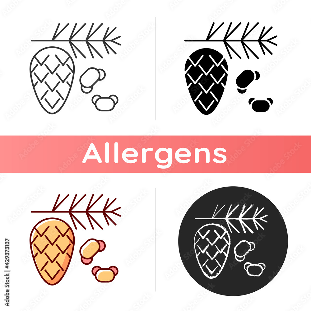 Cedar and pine tree pollen icon. Branch with needles, fir cone, cypress