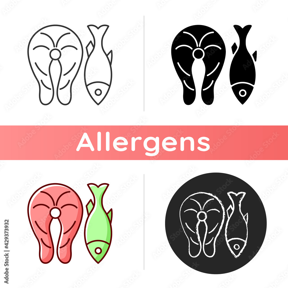 Fish icon. Marine food ingredient. Raw salmon, cooked tuna. Healthy