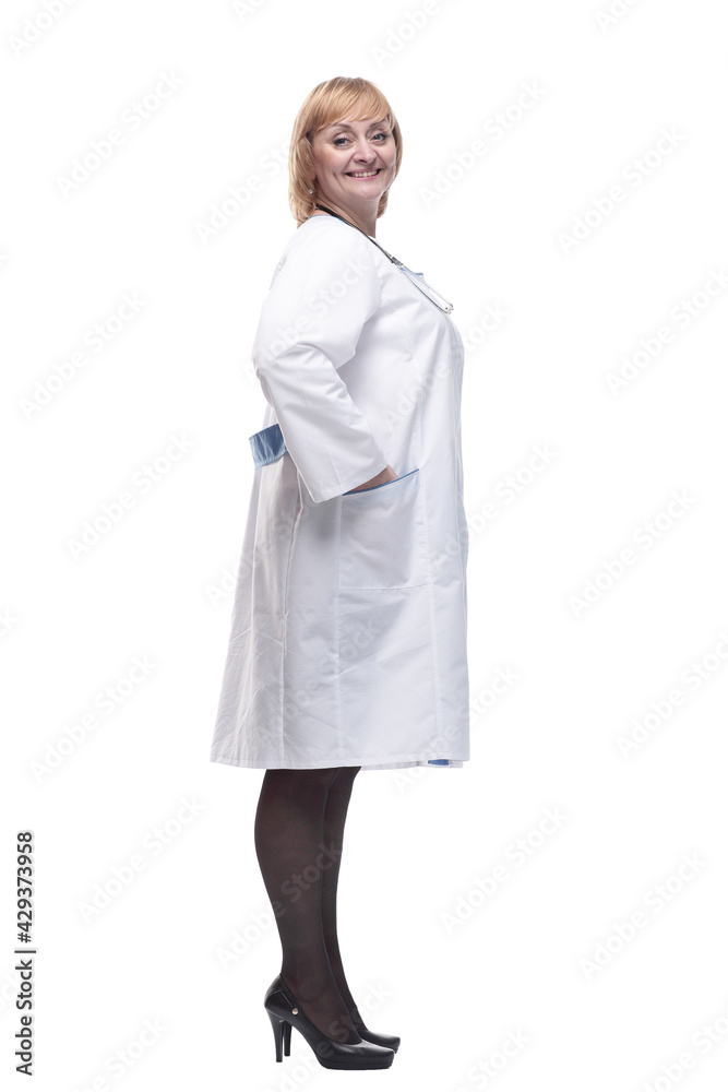 in full growth.friendly female doctor with a stethoscope. in full growth.friendly female doctor with a stethoscope.