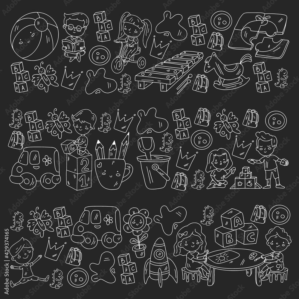 Kindergarten pattern with little children and toys. Creativity and imagination. Kindergarten pattern with little children and toys. Creativity and imagination.