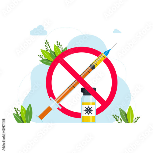 no vaccine in the crossed out red circle syringe. Medical insulin syringe in red crossed out circle. a syringe and coronavirus vaccine with a red crossed out circle. No Vaccination sign