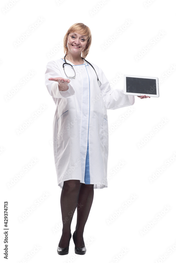 full-length. Mature woman doctor with a digital tablet . full-length. Mature woman doctor with a digital tablet .