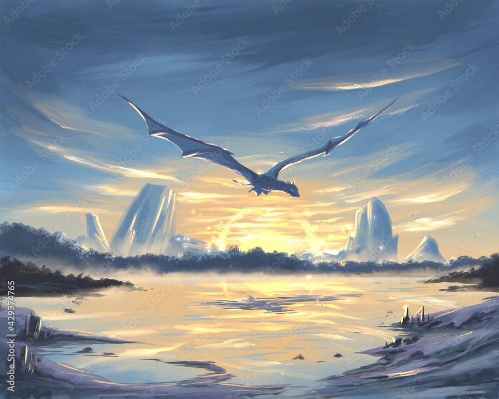 Obraz premium Fantasy dragon over the sea