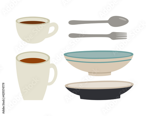 Vector illustration of two cups  two plates  spoon  and knife  isolated on white. Hand-drawn illustration in flat style.Suitable for illustrating cooking  recipes  healthy eating.