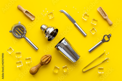 Cocktail bar utensils and tools. Top view, flat lay