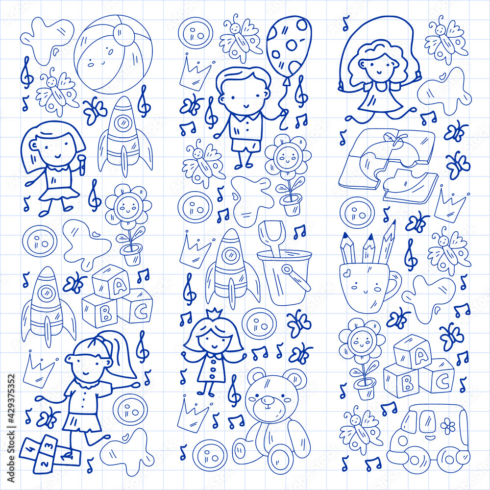 Kindergarten pattern with little children and toys. Creativity and imagination.