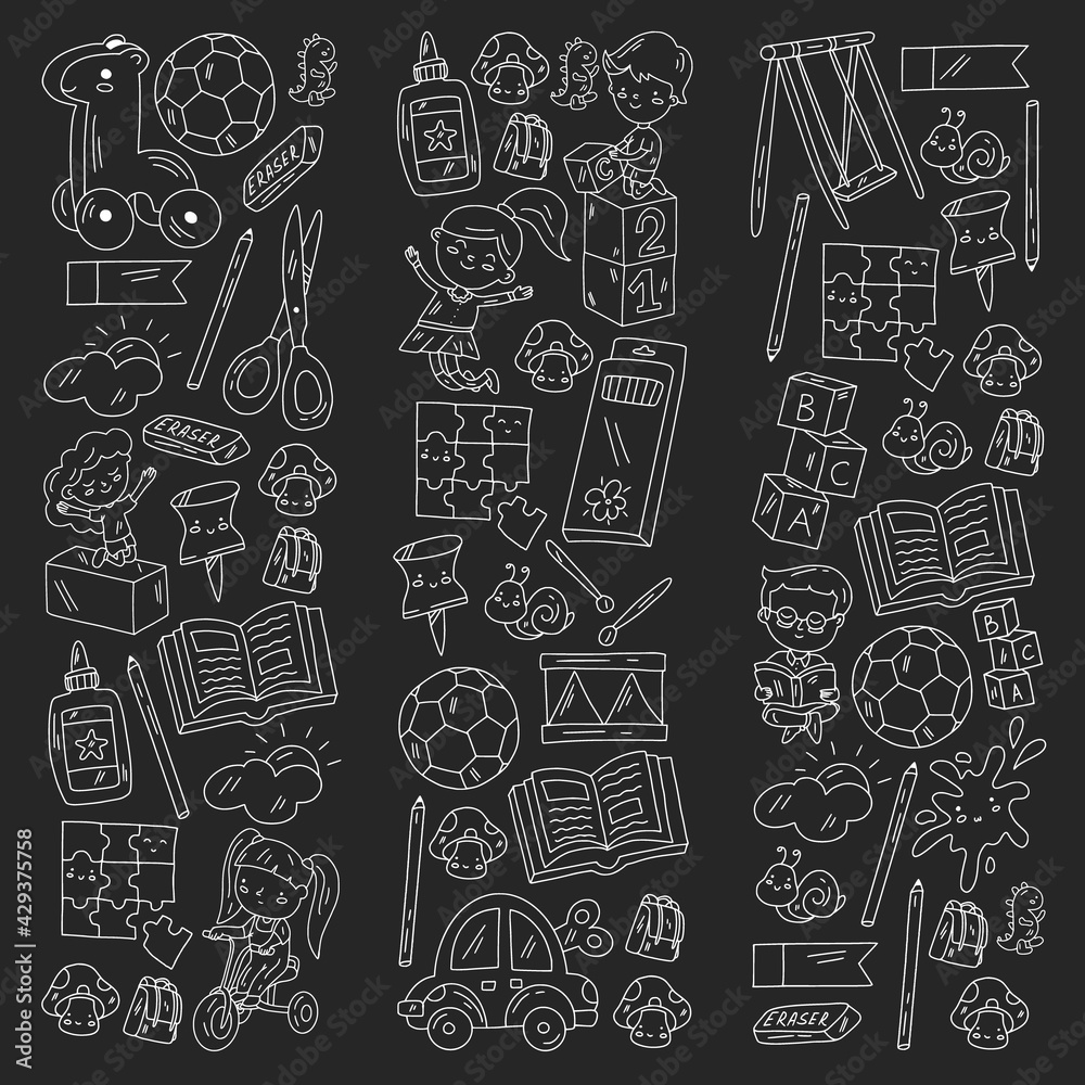 Kindergarten pattern with little children and toys. Creativity and imagination.