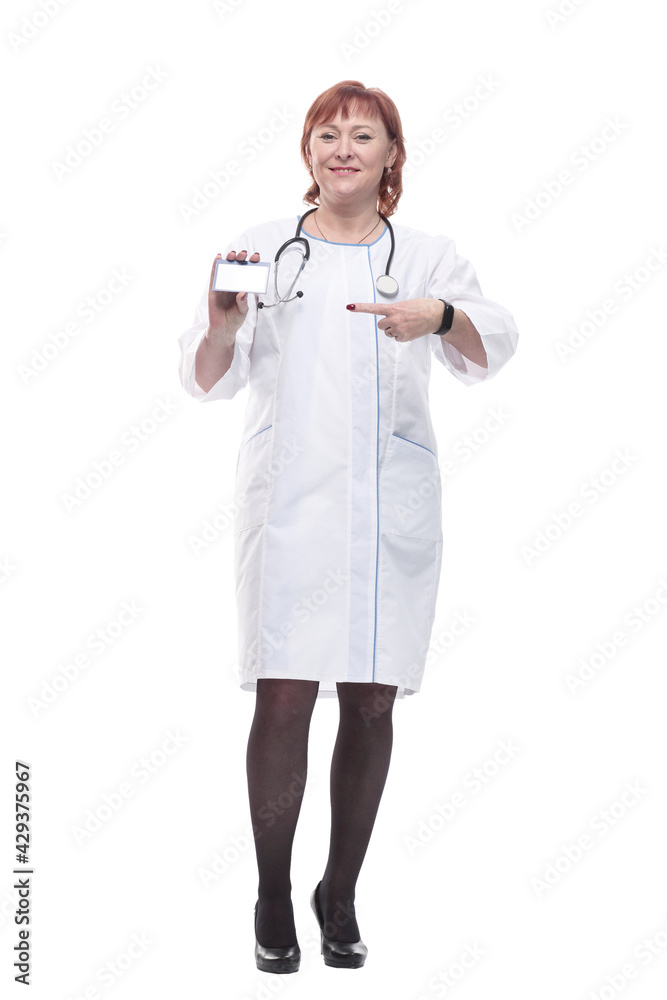 competent female doctor with clipboard striding forward .