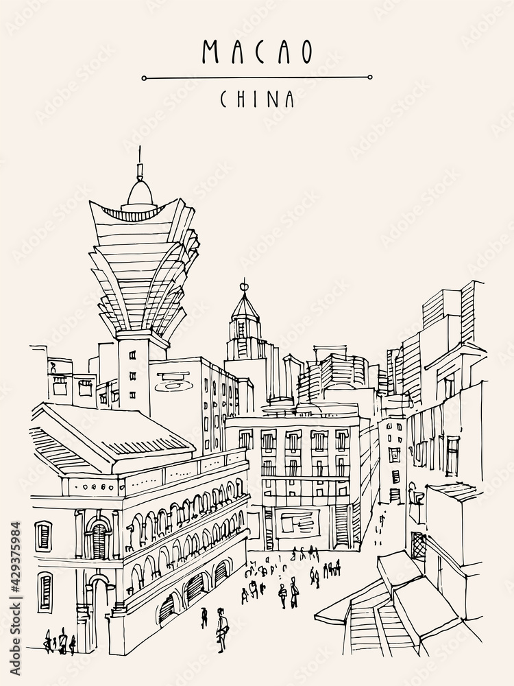 Obraz premium Vector Macao postcard. Upper view of old town. Macau (Macao), China, Asia is a gambling capital. Traditional Portuguese buildings, skyscrapers, casinos. Vintage hand drawn postcard