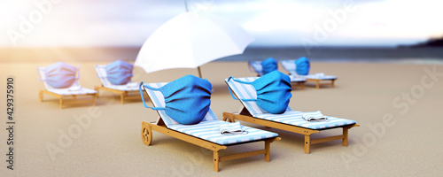 pandemic vacation. Medical mask on a sun lounger. 3d render