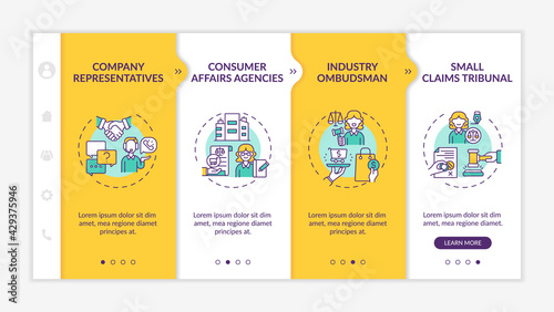 Consumer safeguard onboarding vector template. Responsive mobile website with icons. Web page walkthrough 4 step screens. Company official, industry ombudsman color concept with linear illustrations