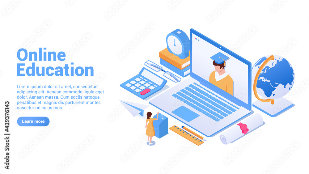 Online education concept. landing page or web banner concept. Distant education for everyone, online learning, internet courses. Vector isometric illustration. Isolated on white background. Online education concept. landing page or web banner concept. Distant education for everyone, online learning, internet courses. Vector isometric illustration. Isolated on white background.