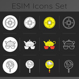 Asian ceremonies dark theme icons set. Ancient coinage. Tea set. Hand fan. Culture and history of China. Linear white, solid glyph and RGB color styles. Isolated vector illustrations