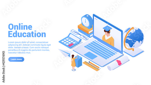 Online education concept. landing page or web banner concept. Distant education for everyone, online learning, internet courses. Vector isometric illustration. Isolated on white background.
