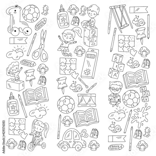 Kindergarten pattern with little children and toys. Creativity and imagination.