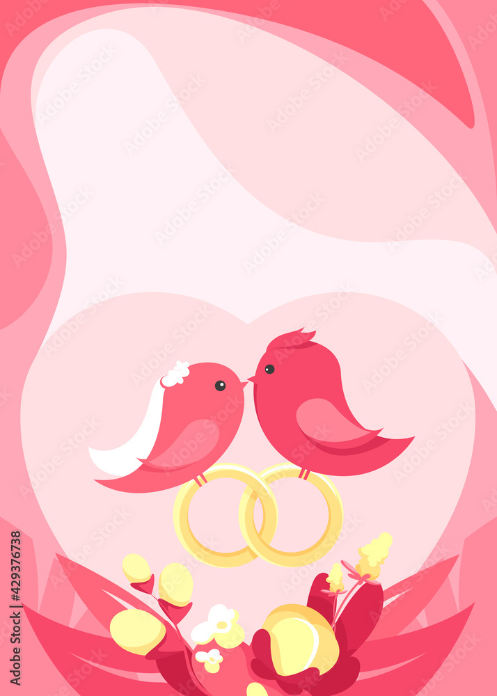 Poster template with birds in love. Wedding concept art.