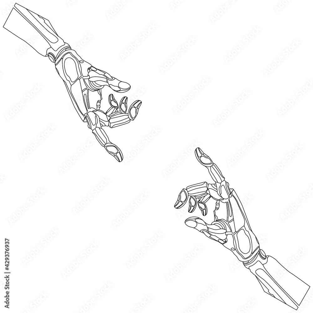 Two robotic hands/technical/aesthetic/meeting Two robotic hands/technical/aesthetic/meeting