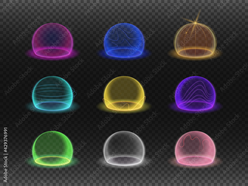Bubble shields, protection force fields. Vector realistic set of safety