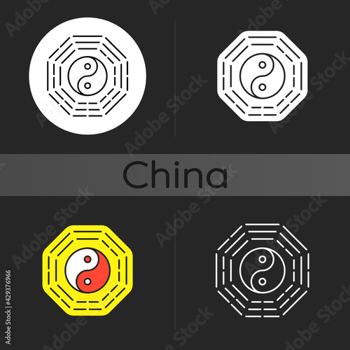 Bagua dark theme icon. Harmony of elements. Spirituality and cosmology. Zen, feng shui. Traditional Chinese culture. Linear white, simple glyph and RGB color styles. Isolated vector illustrations