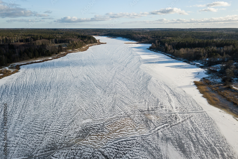 Obraz premium Aerial view of frozen lake, Latvia.