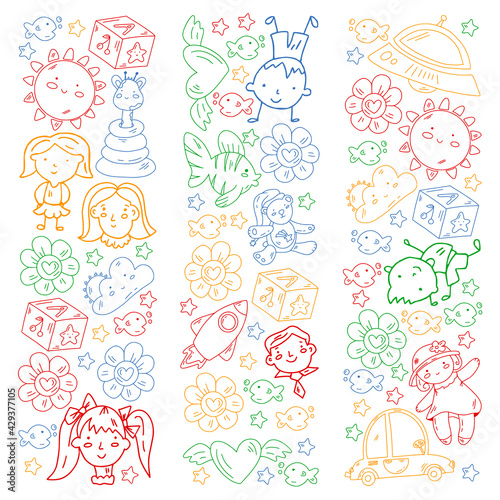 Vector pattern with boys and girls. Kindergarten and toys. Happy childhood and creativity with imagitanion.