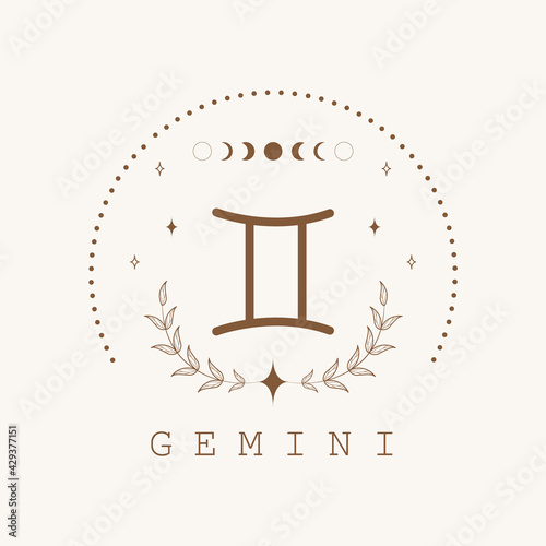 Gemini. Zodiac sign in boho style. Astrological icon isolated on white background. Mystery and esoteric. Horoscope logo vector illustration. Spiritual tarot card. photo
