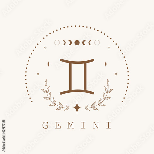 Gemini. Zodiac sign in boho style. Astrological icon isolated on white background. Mystery and esoteric. Horoscope logo vector illustration. Spiritual tarot card.